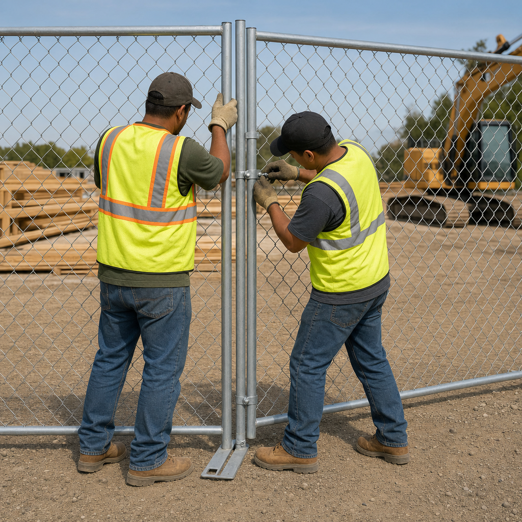 Two gloved crew members in high-visibility vests bolting chain-link panel clamps together while installing a temporary fence line on a gravel jobsite