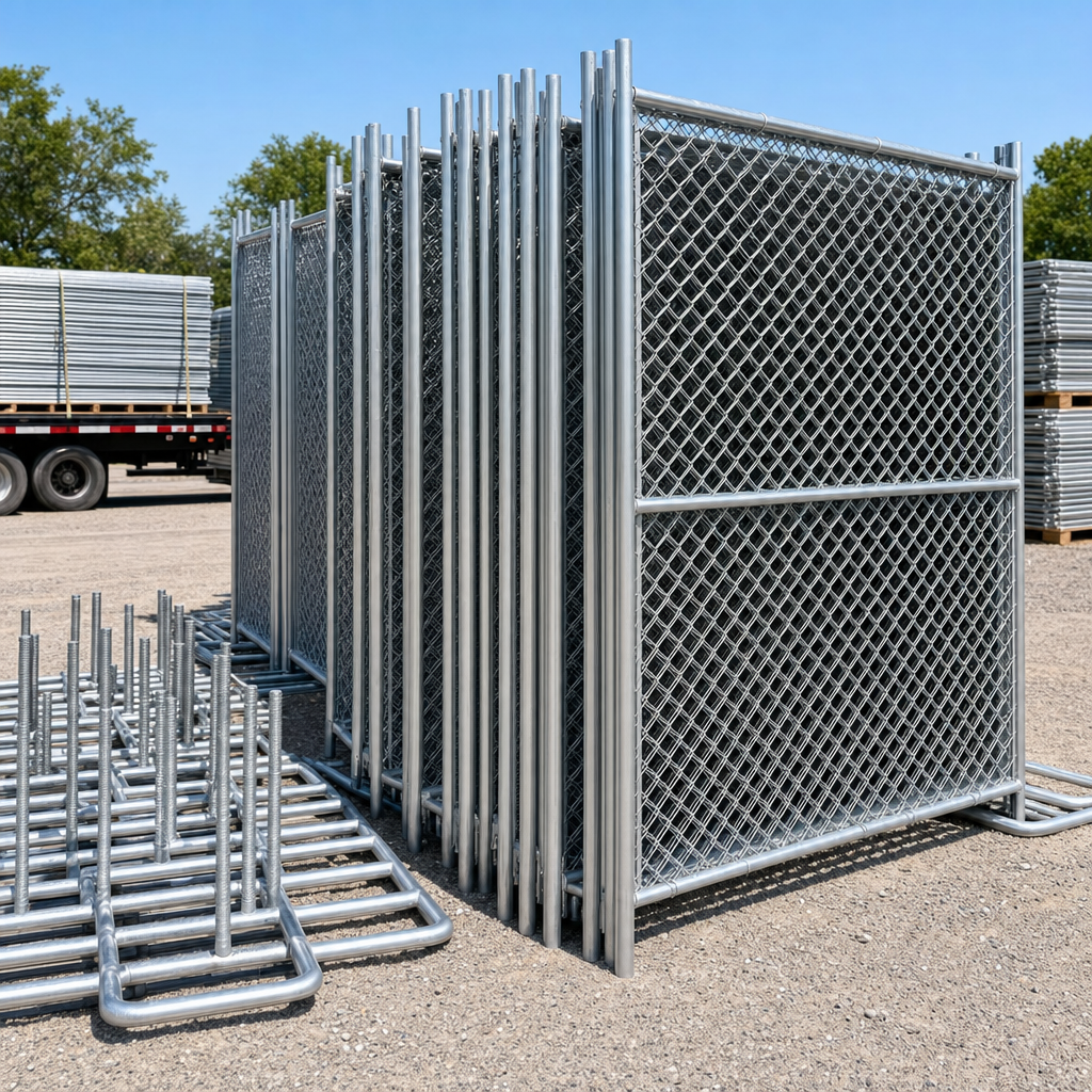 Stacked galvanized chain-link fence panels and weighted metal feet in a rental yard
